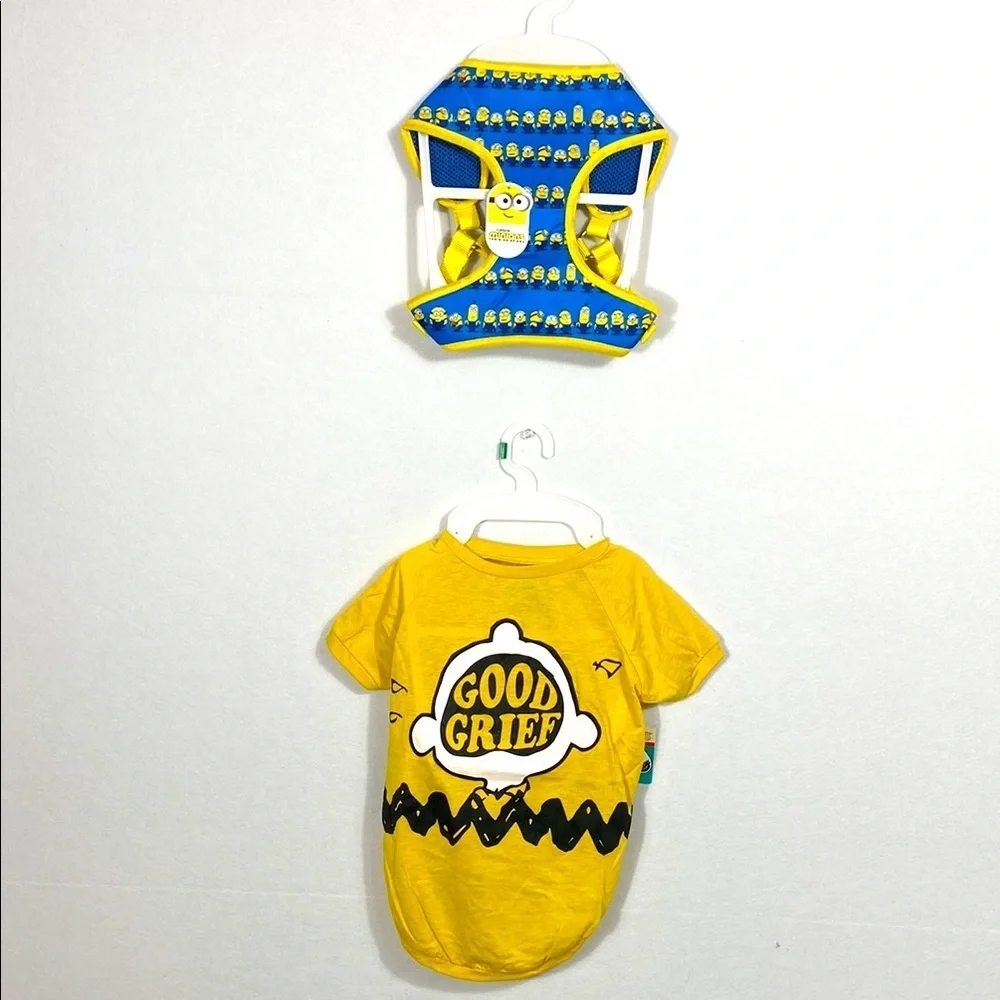 Yellow 'Good Grief' Dog Shirt and Harness Set Peanuts & Minions size Large